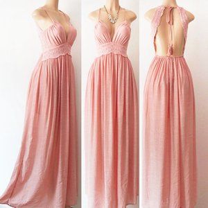 Pink Crochet Lace Open Back Halter Boho Maxi Dress